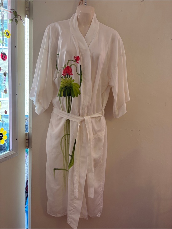 Other - White Floral Kimono Robe with Green and Pink Botanical Print. 100. Silk